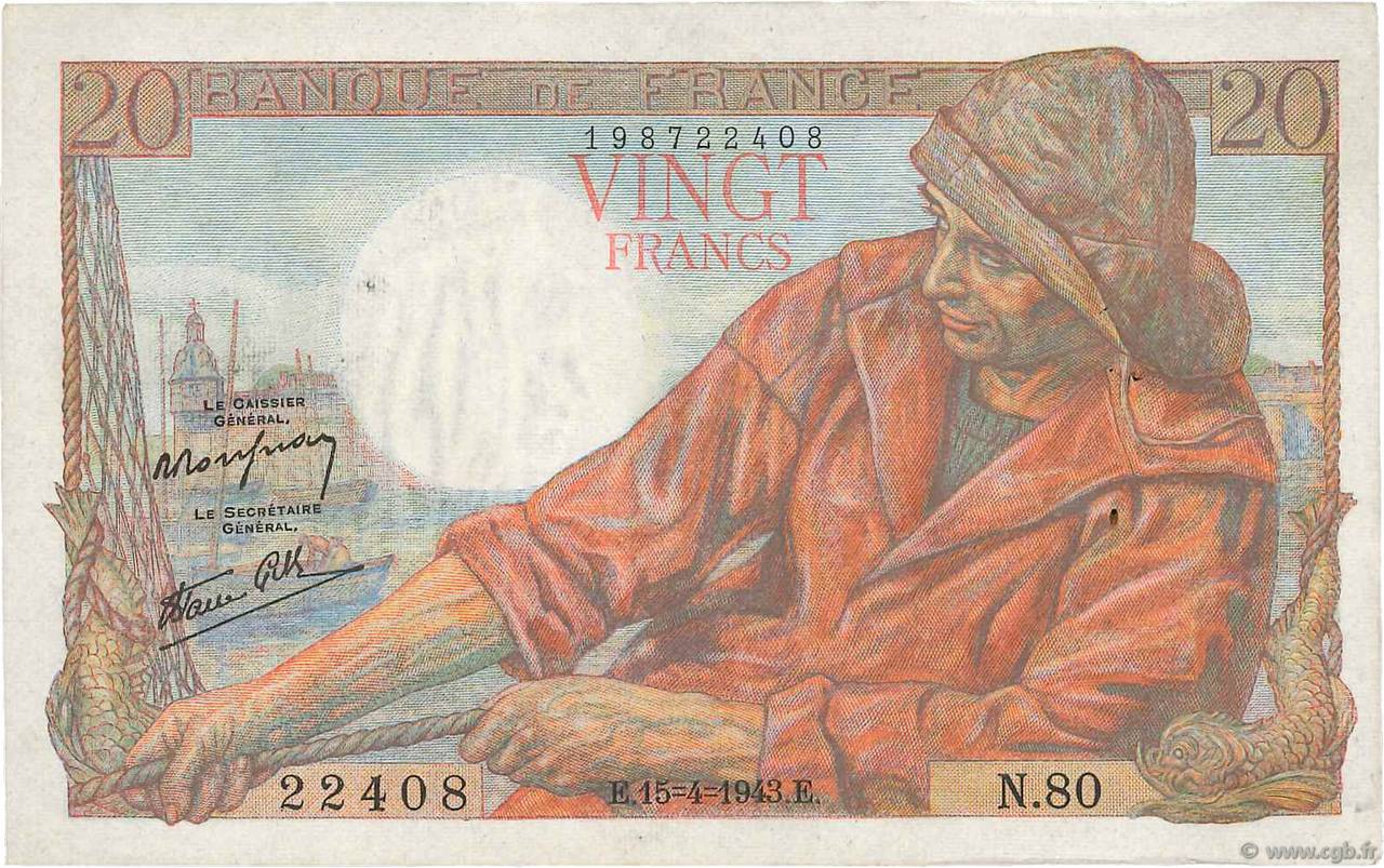 20 Francs PÊCHEUR FRANCE  1943 F.13.06 XF+