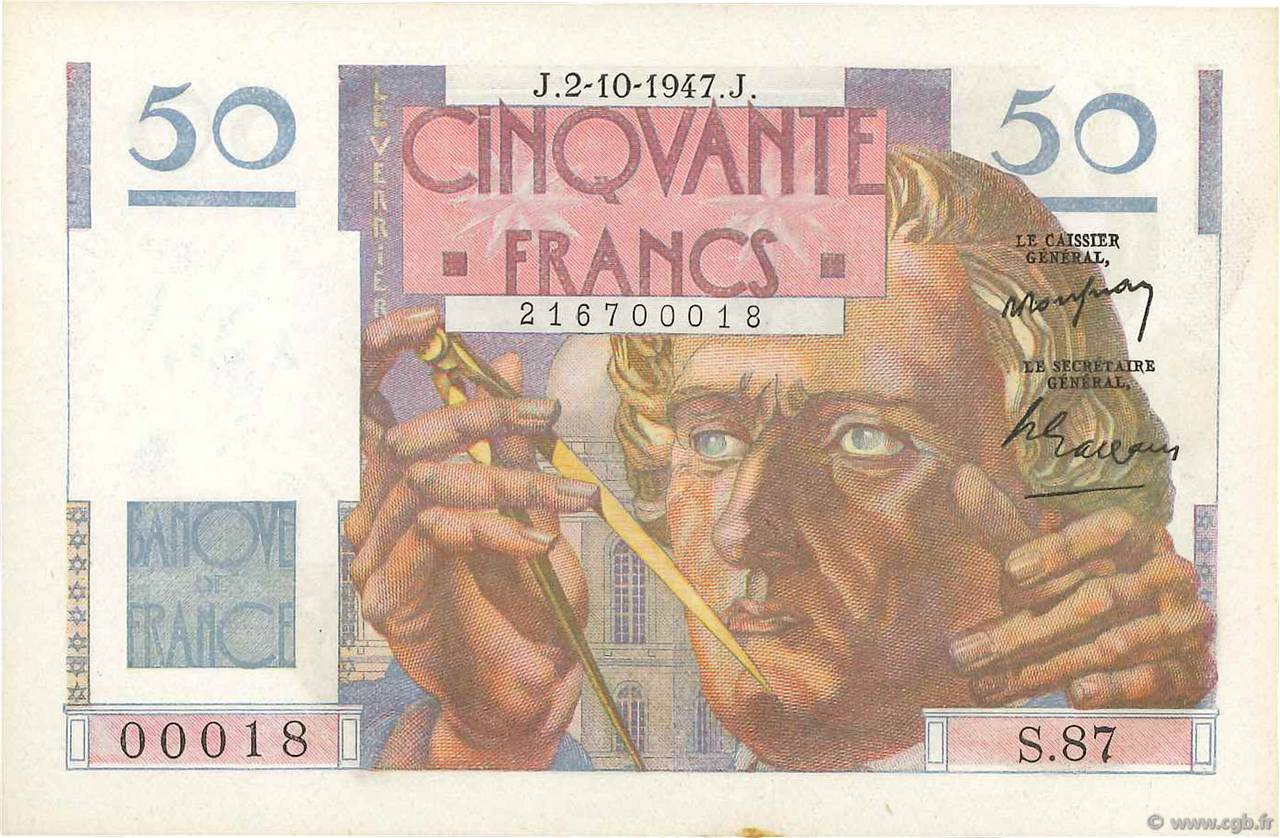 50 Francs LE VERRIER FRANCE  1947 F.20.09 UNC-