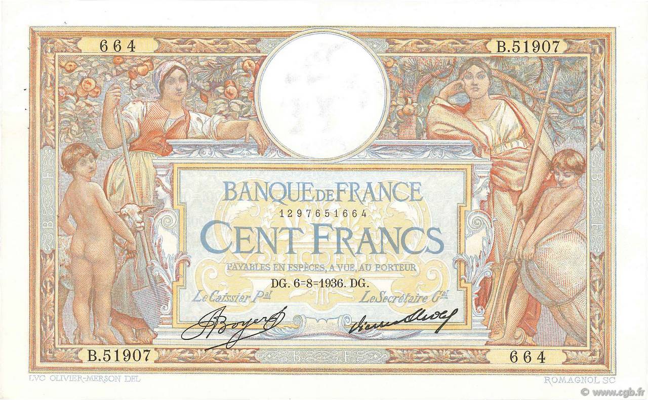 100 Francs LUC OLIVIER MERSON grands cartouches FRANCIA  1936 F.24.15 q.SPL