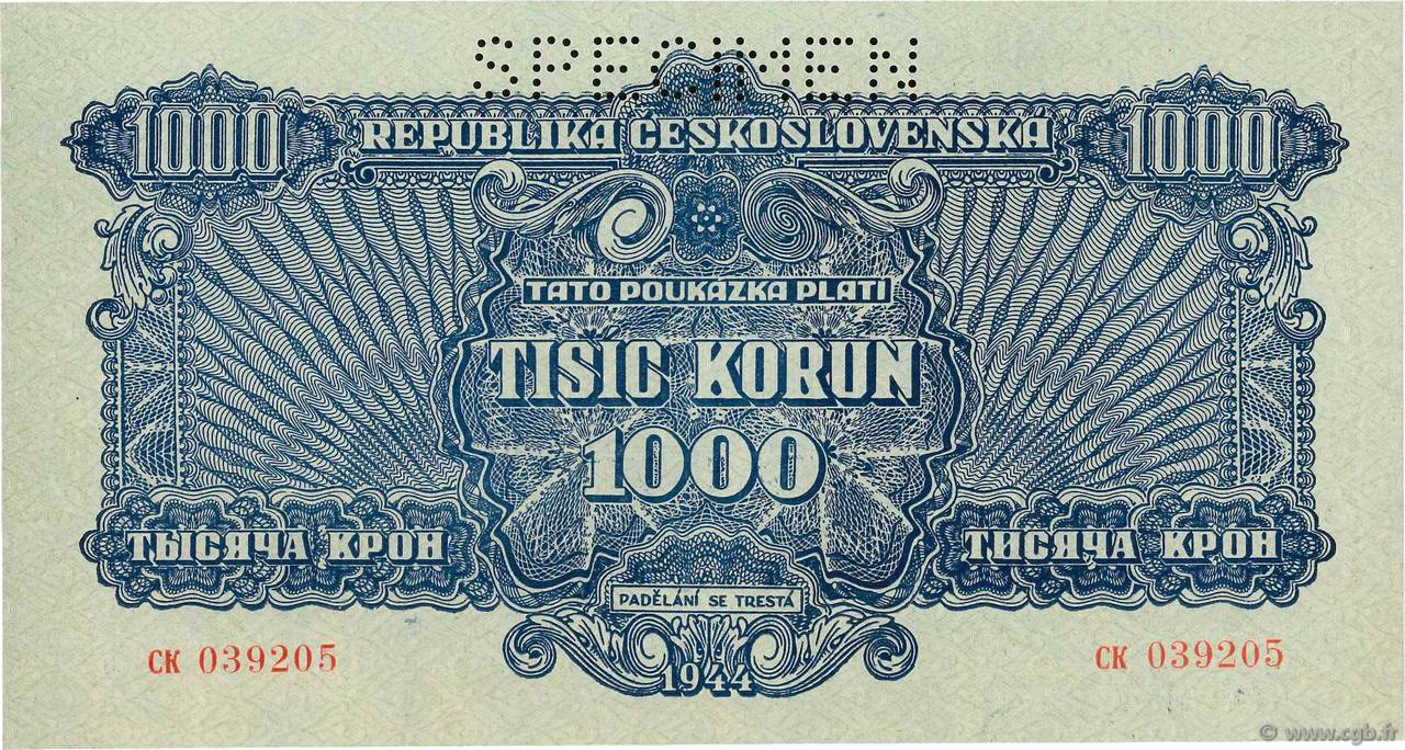 1000 Korun Spécimen CZECHOSLOVAKIA  1944 P.050s AU+