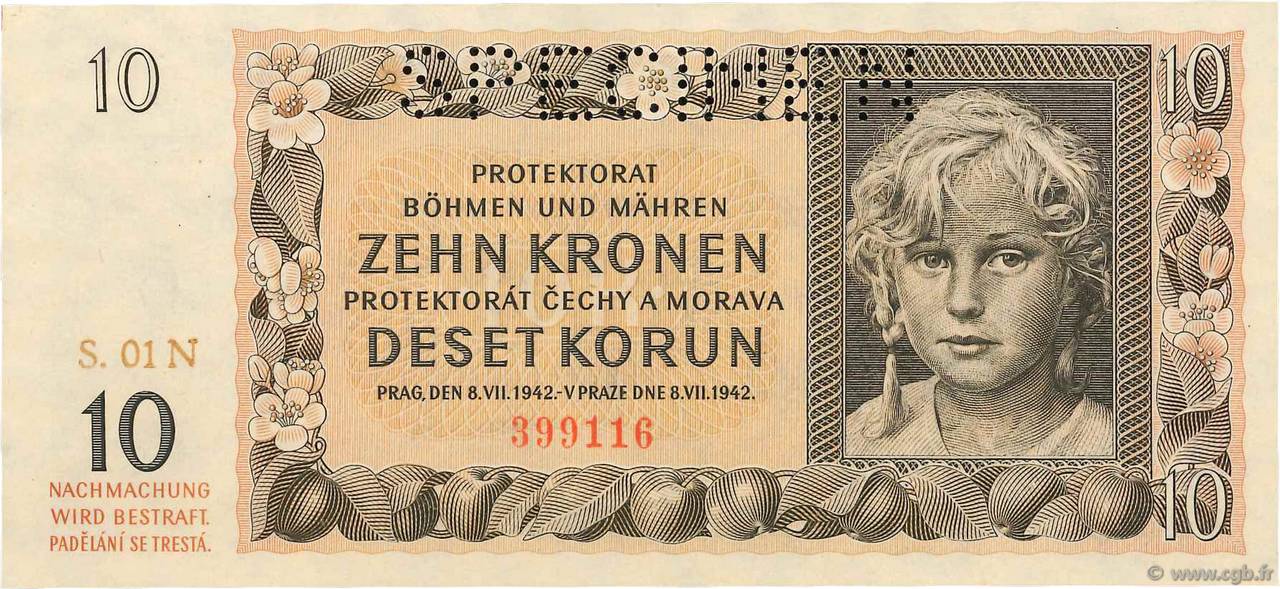 10 Korun Spécimen BOHEMIA & MORAVIA  1942 P.08s UNC