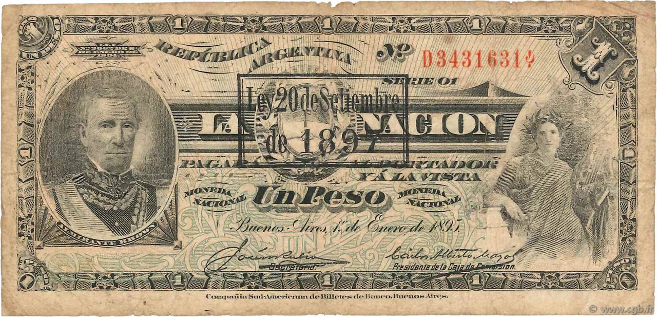 1 Peso ARGENTINE  1895 P.218a B+