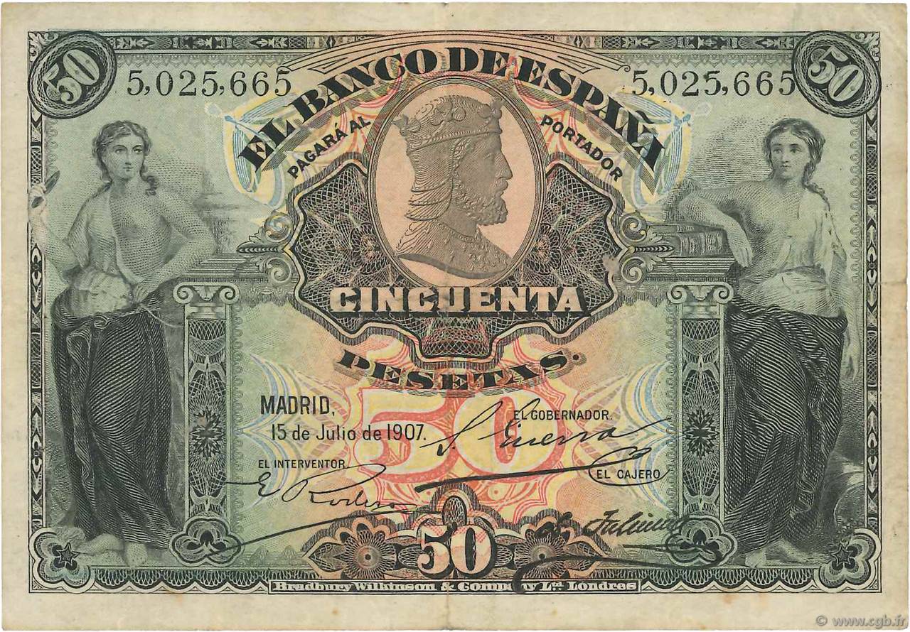 50 Pesetas SPAIN  1907 P.063a VF