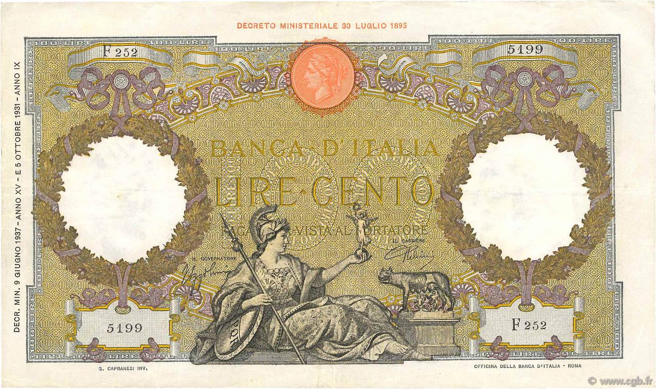 100 Lire ITALIA  1937 P.055b MBC+