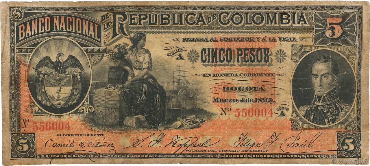 5 Pesos COLOMBIA  1895 P.235 BC