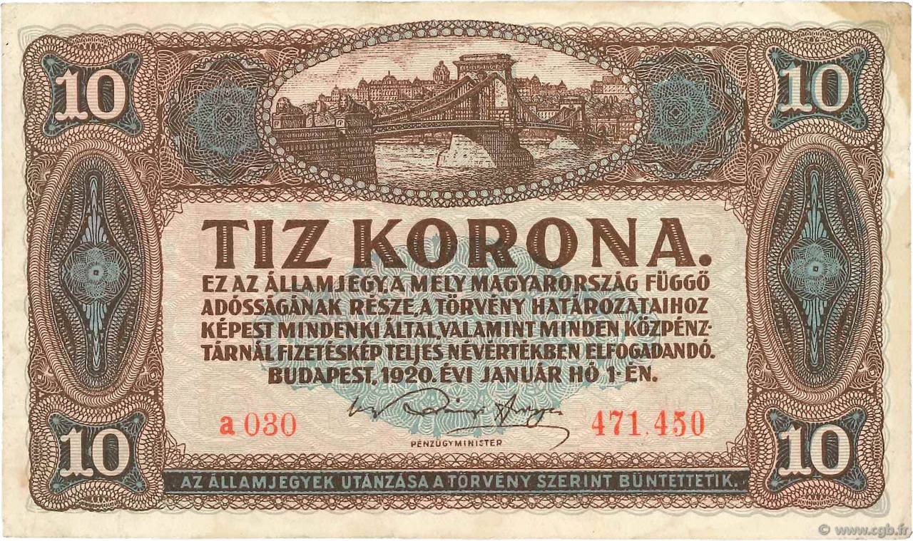10 Korona HUNGARY  1920 P.060 VF