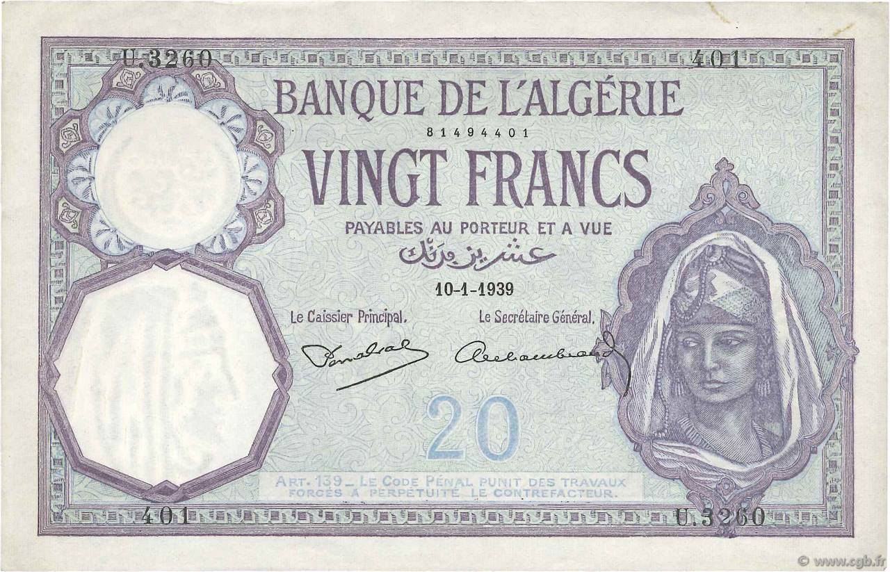 20 Francs ALGERIEN  1939 P.078c fVZ