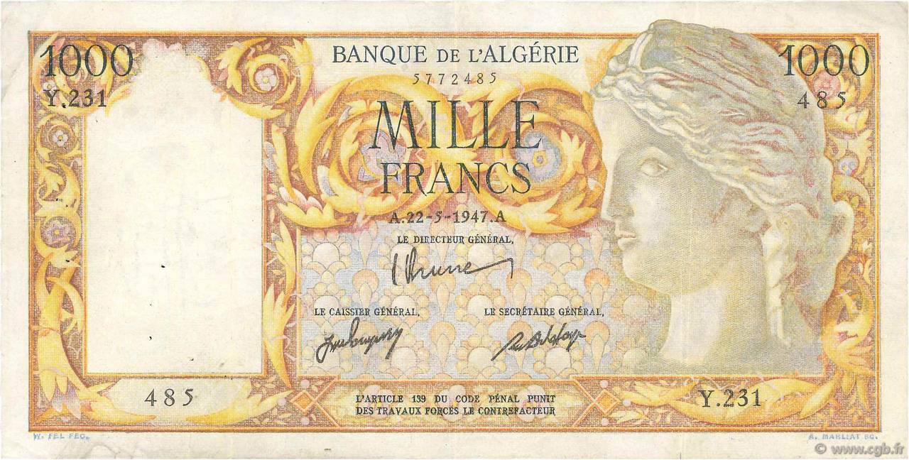 1000 Francs ALGERIEN  1947 P.104 SS