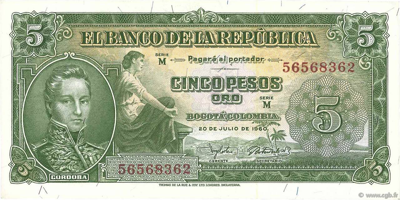5 Pesos Oro COLOMBIA  1960 P.405 FDC