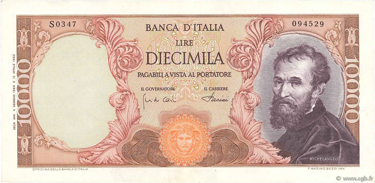 10000 Lire ITALIEN  1968 P.097d VZ