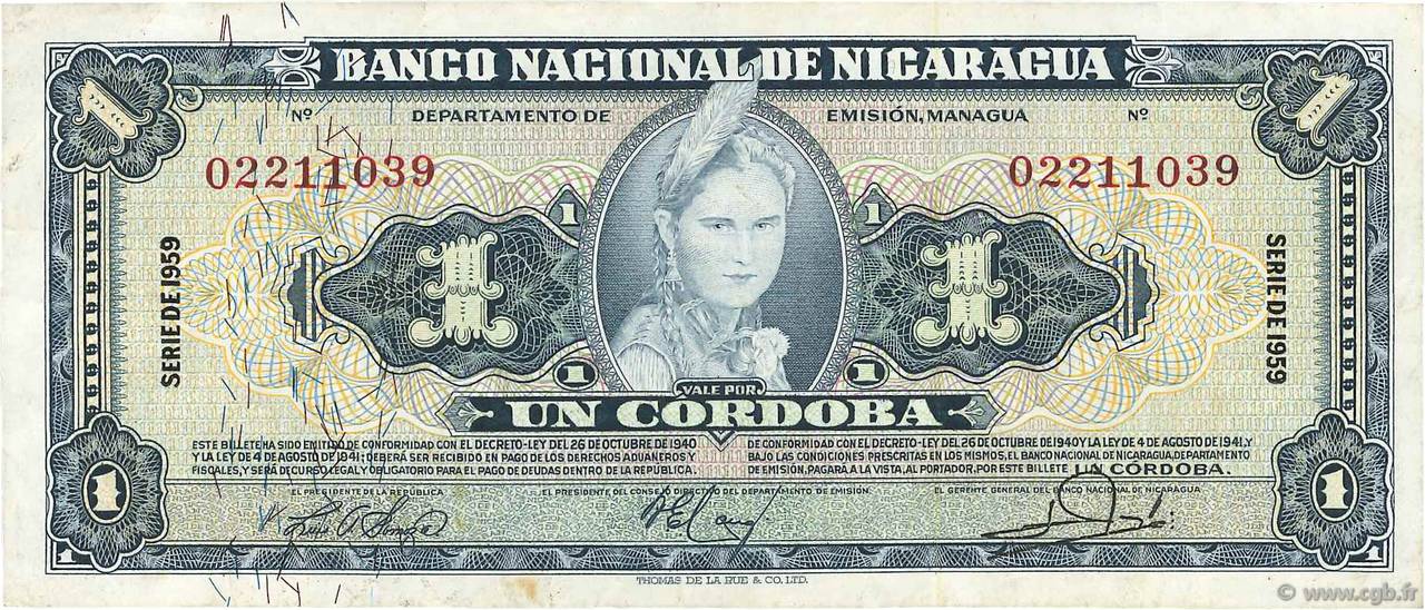 1 Cordoba NICARAGUA  1959 P.099c MBC+