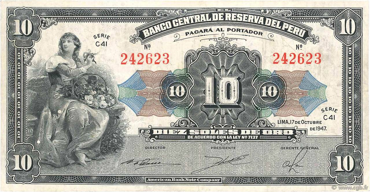 10 Soles PERU  1947 P.067Ac VF