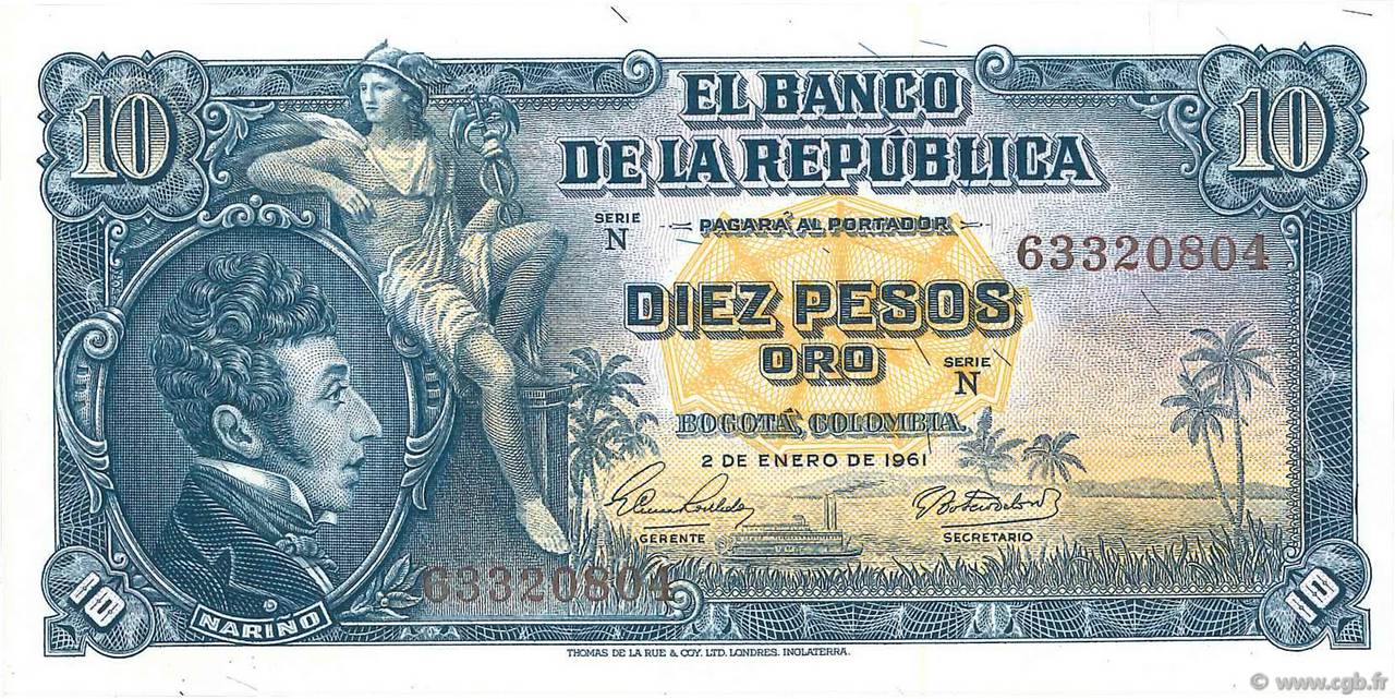 10 Pesos Oro COLOMBIA  1961 P.400c UNC