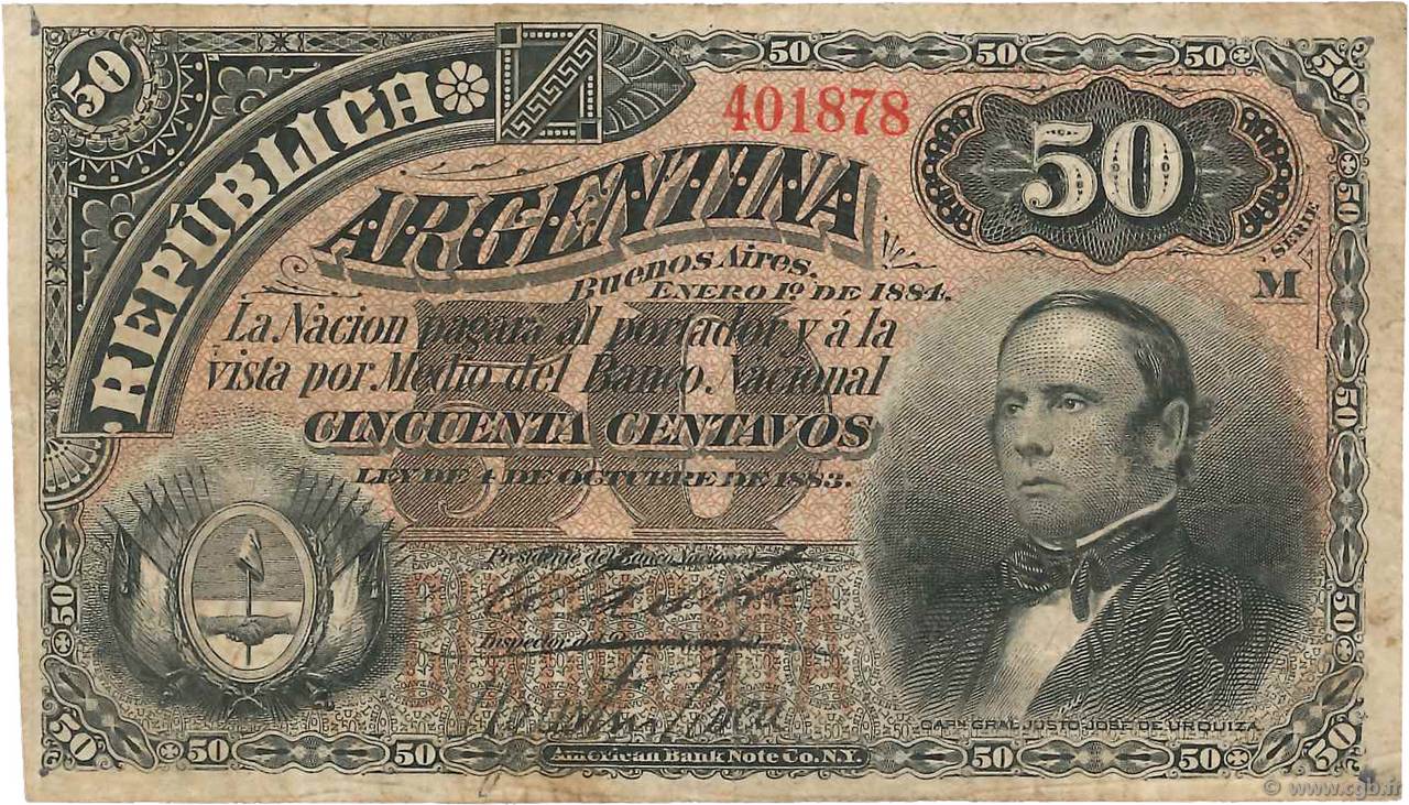 50 Centavos ARGENTINA  1884 P.008 BC+
