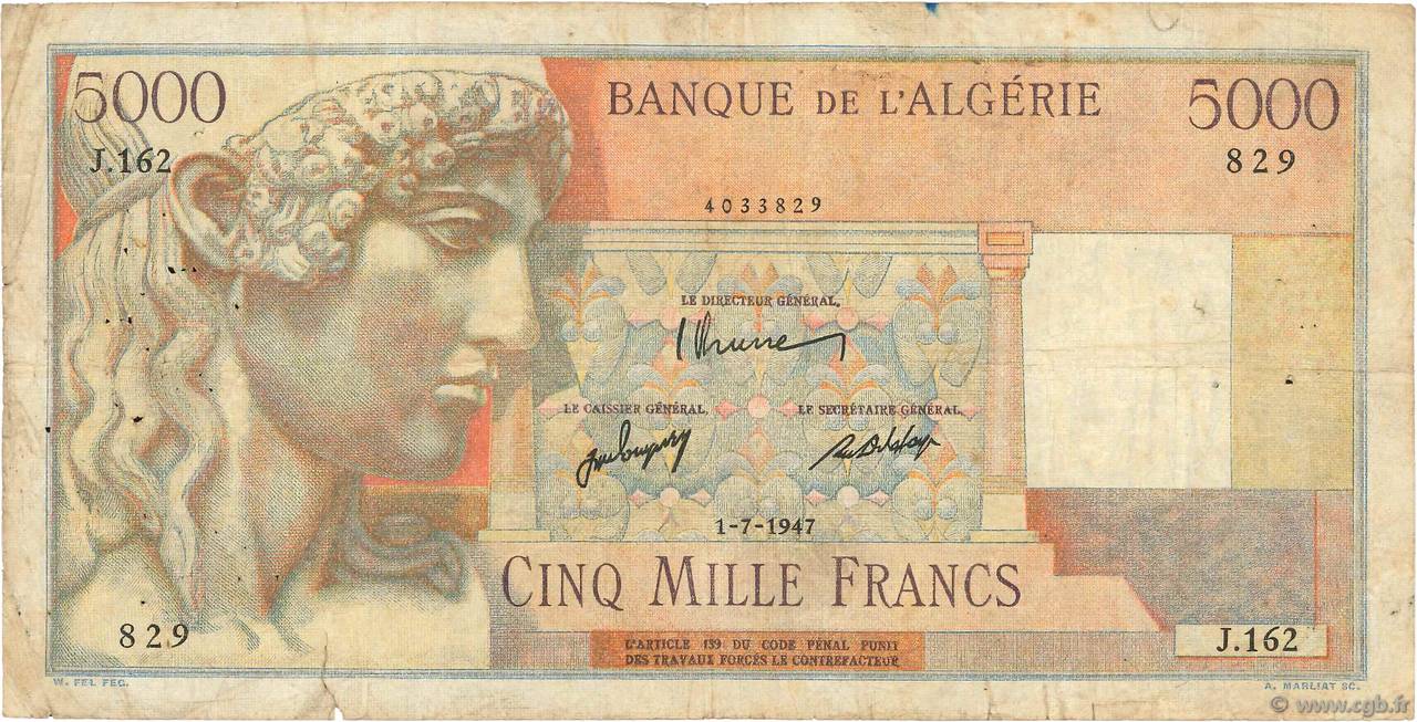 5000 Francs ALGERIEN  1947 P.105 SGE