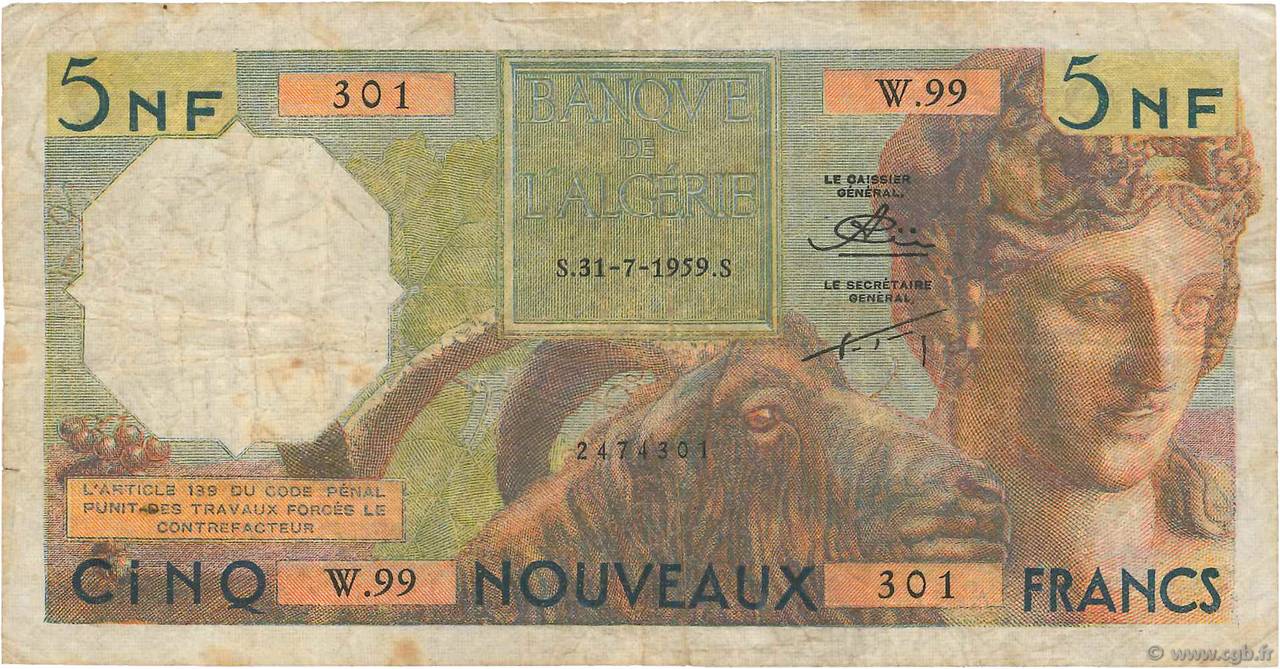 5 Nouveaux Francs ALGÉRIE  1959 P.118a pr.TB