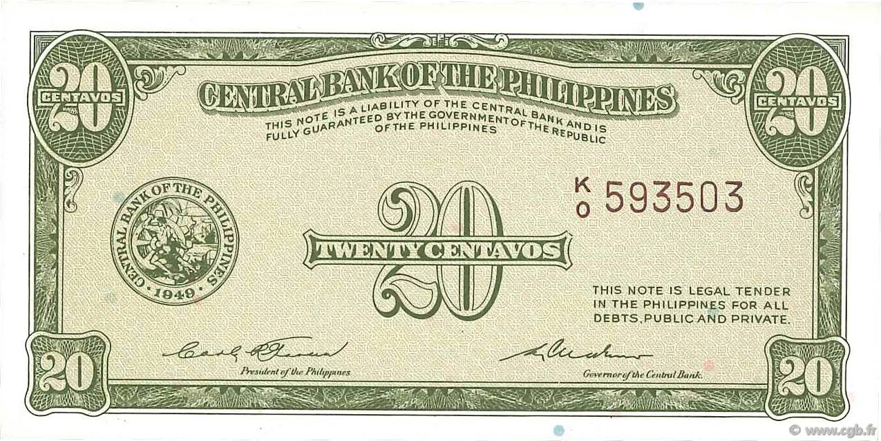 20 Centavos FILIPPINE  1949 P.130b q.FDC