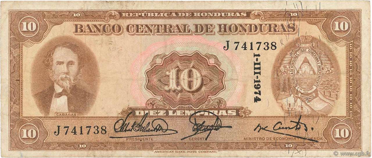 10 Lempiras HONDURAS  1974 P.057 F