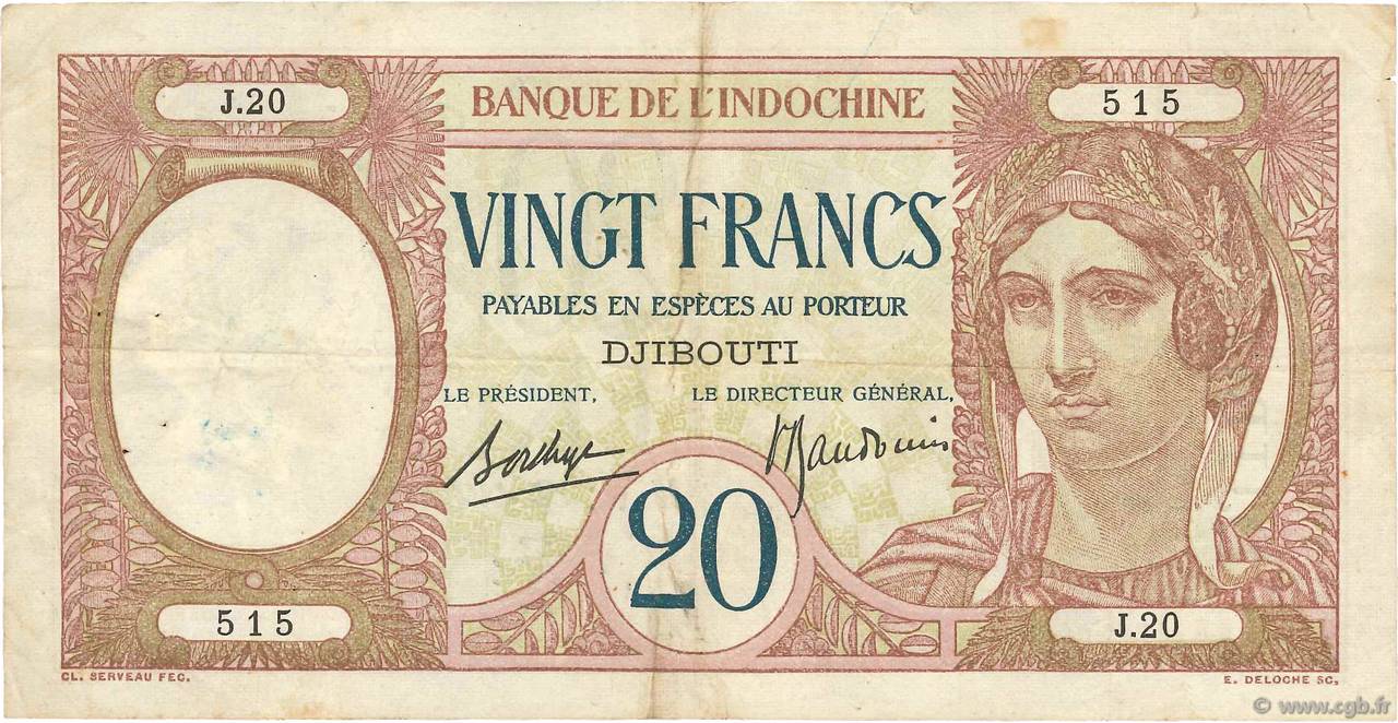 20 Francs YIBUTI  1936 P.07 BC+