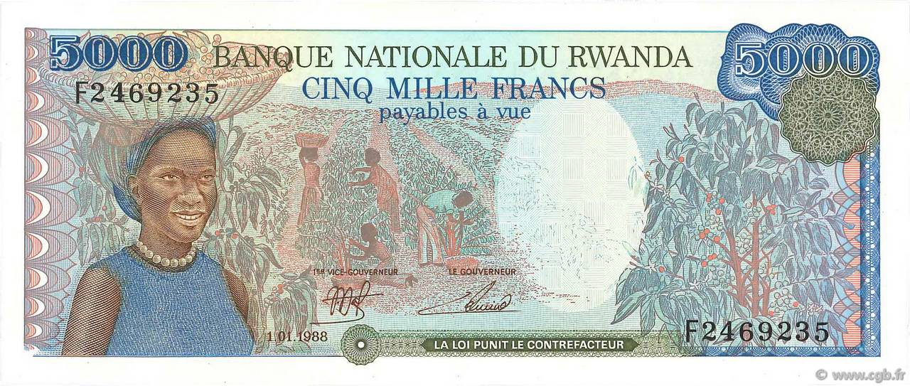 5000 Francs RUANDA  1988 P.22 FDC