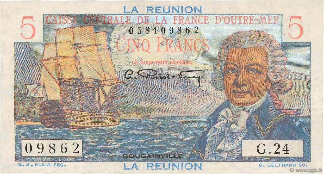 5 Francs Bougainville REUNION INSEL  1946 P.41a VZ