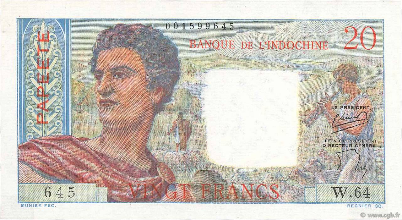 20 Francs TAHITI  1954 P.21b VF+