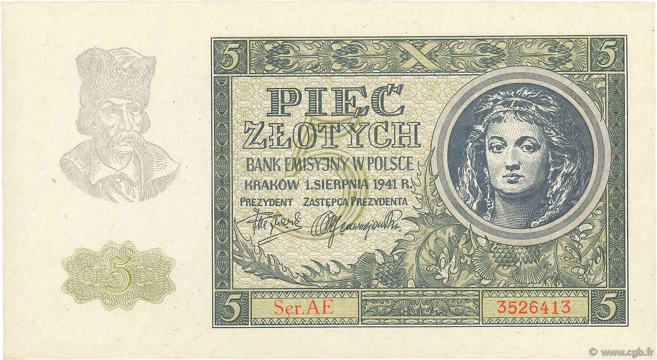 5 Zlotych POLAND  1941 P.101 UNC