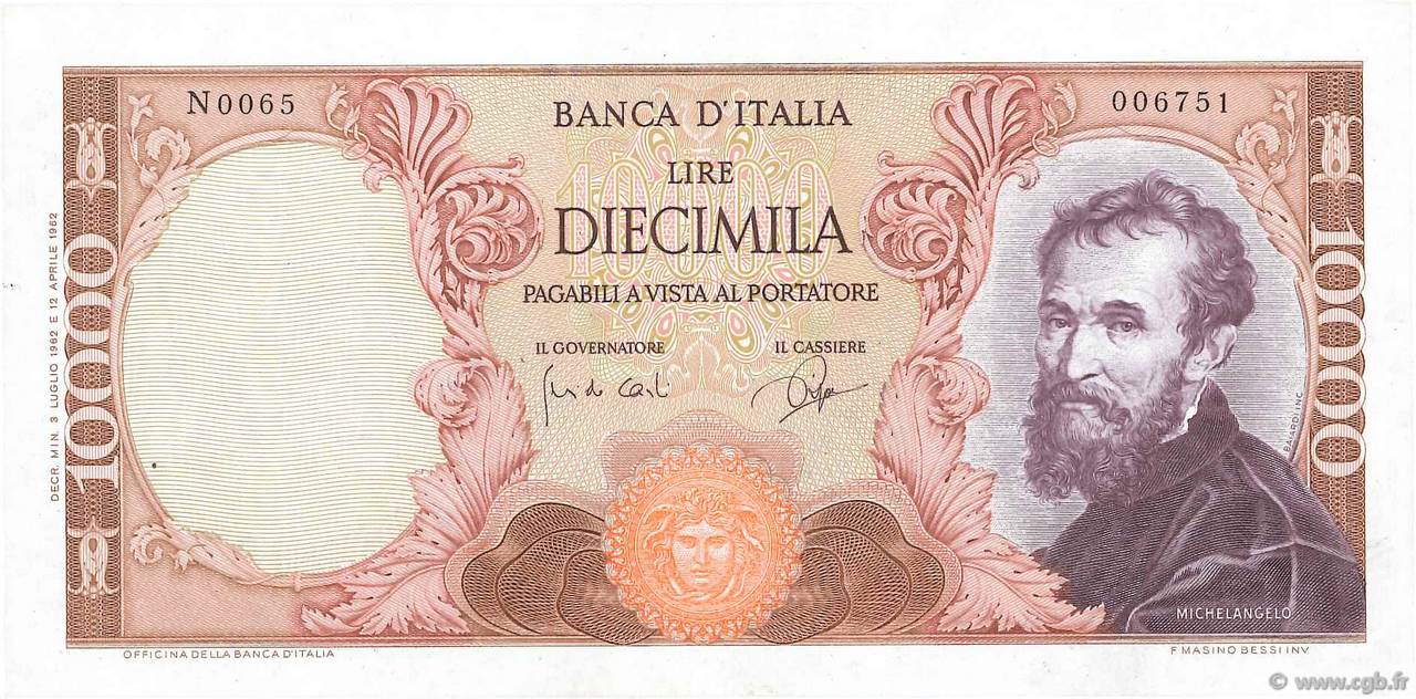 10000 Lire ITALY  1962 P.097a UNC-