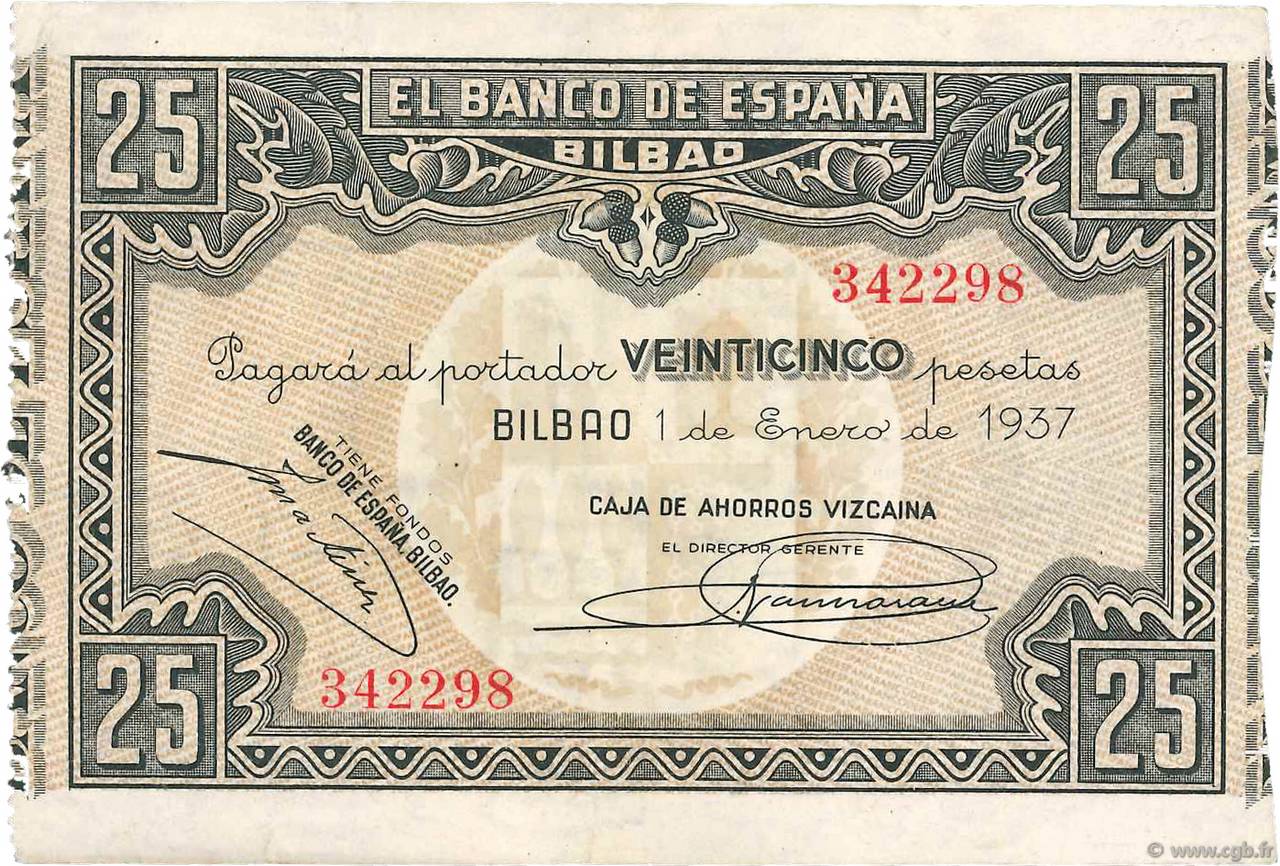 25 Pesetas SPANIEN Bilbao 1937 PS.563g fVZ