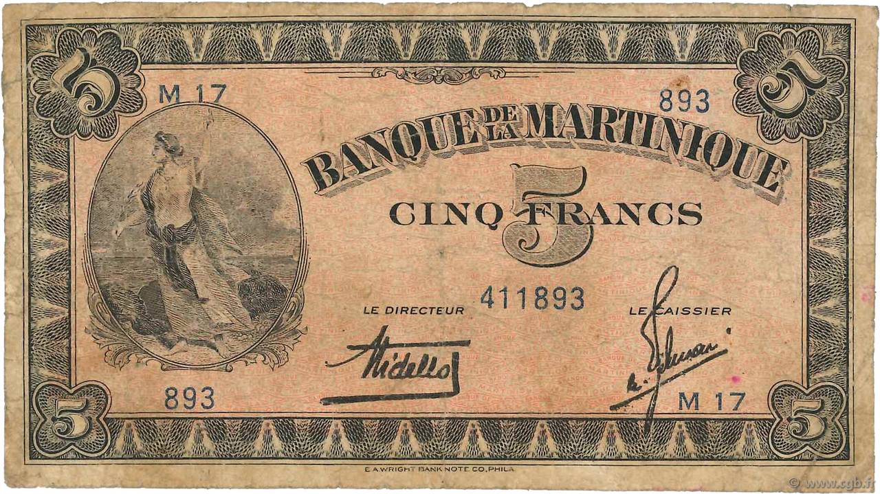 5 Francs MARTINIQUE  1942 P.16b F-