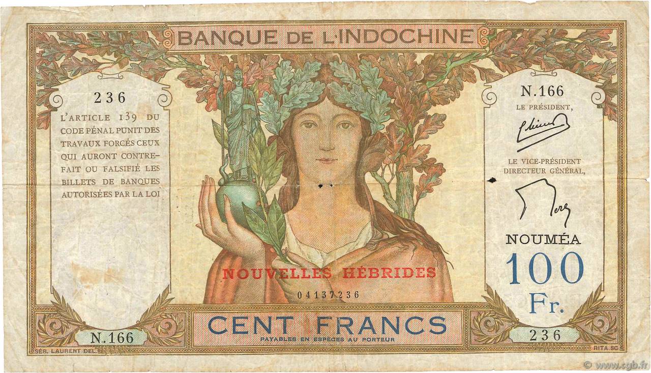 100 Francs NUEVAS HÉBRIDAS  1941 P.10c RC+