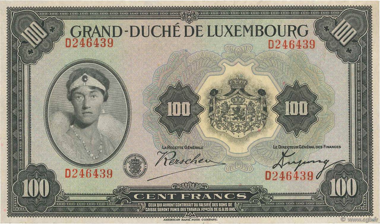 100 Francs LUSSEMBURGO  1934 P.39a q.SPL