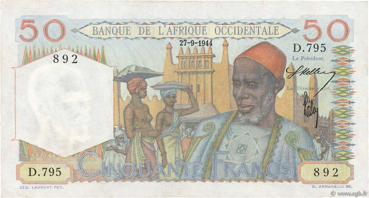 50 Francs FRENCH WEST AFRICA  1944 P.39 VZ