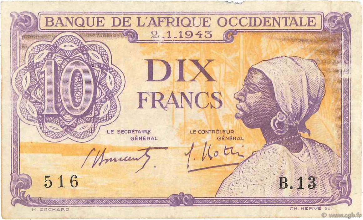 10 Francs FRENCH WEST AFRICA  1943 P.29 q.MB
