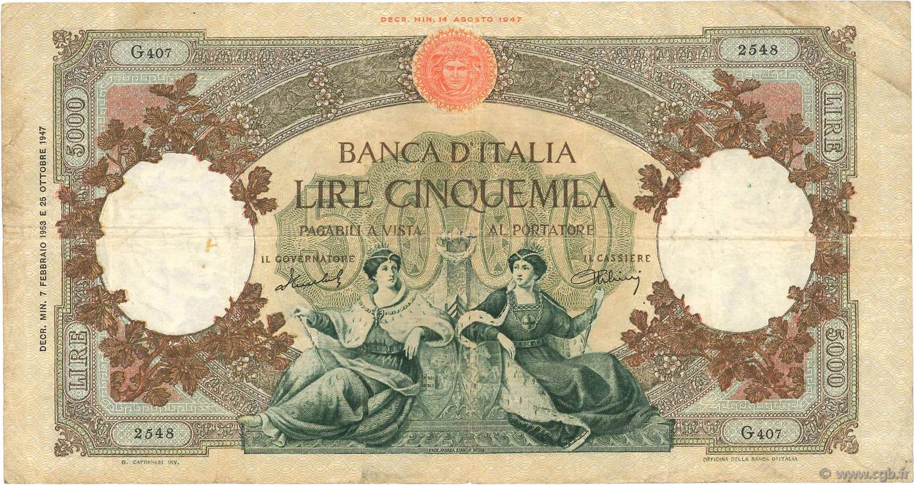 5000 Lire ITALY  1953 P.085b F