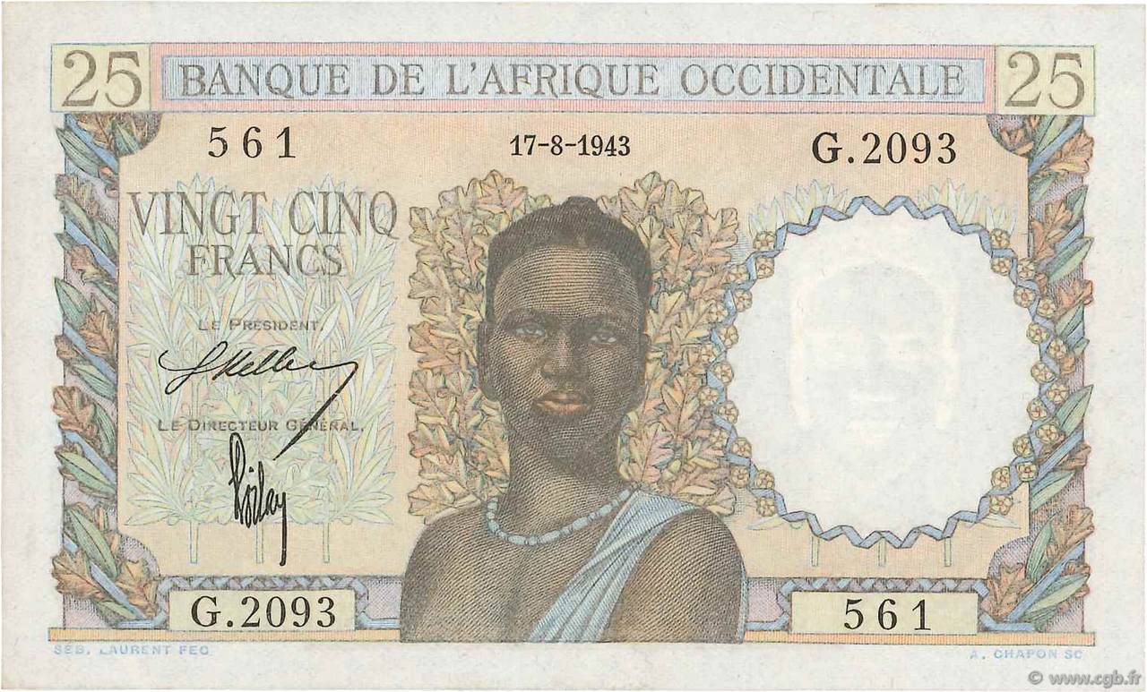25 Francs FRENCH WEST AFRICA  1943 P.38 VZ+