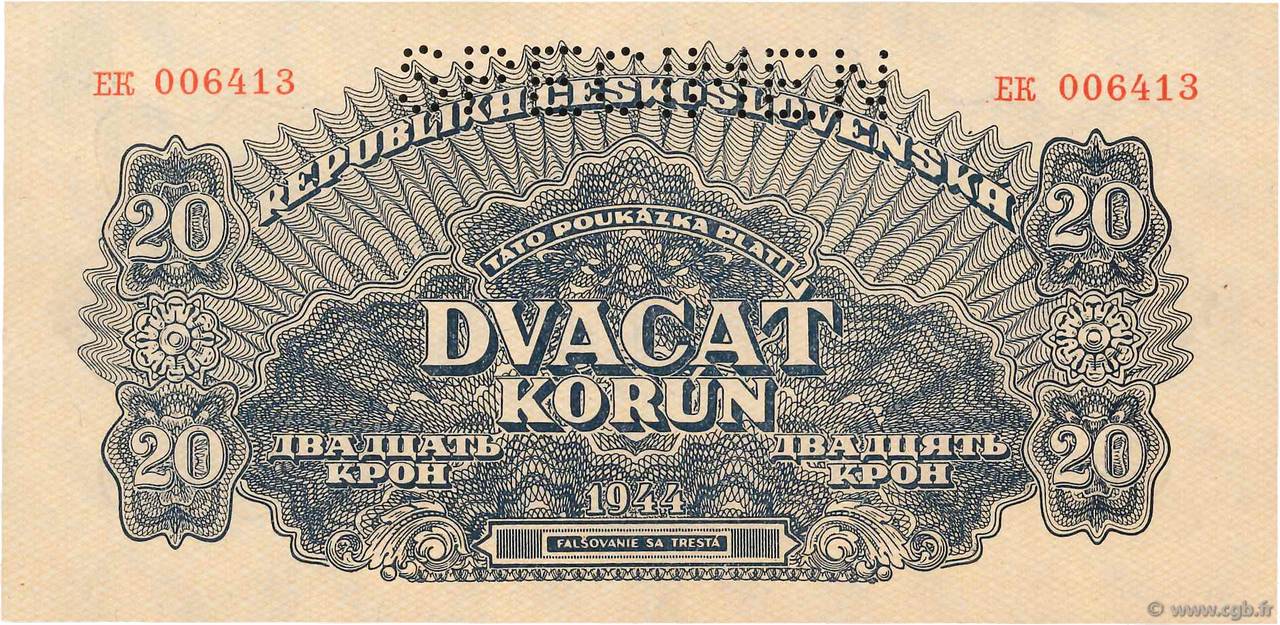 20 Korun Spécimen CECOSLOVACCHIA  1944 P.047s q.FDC