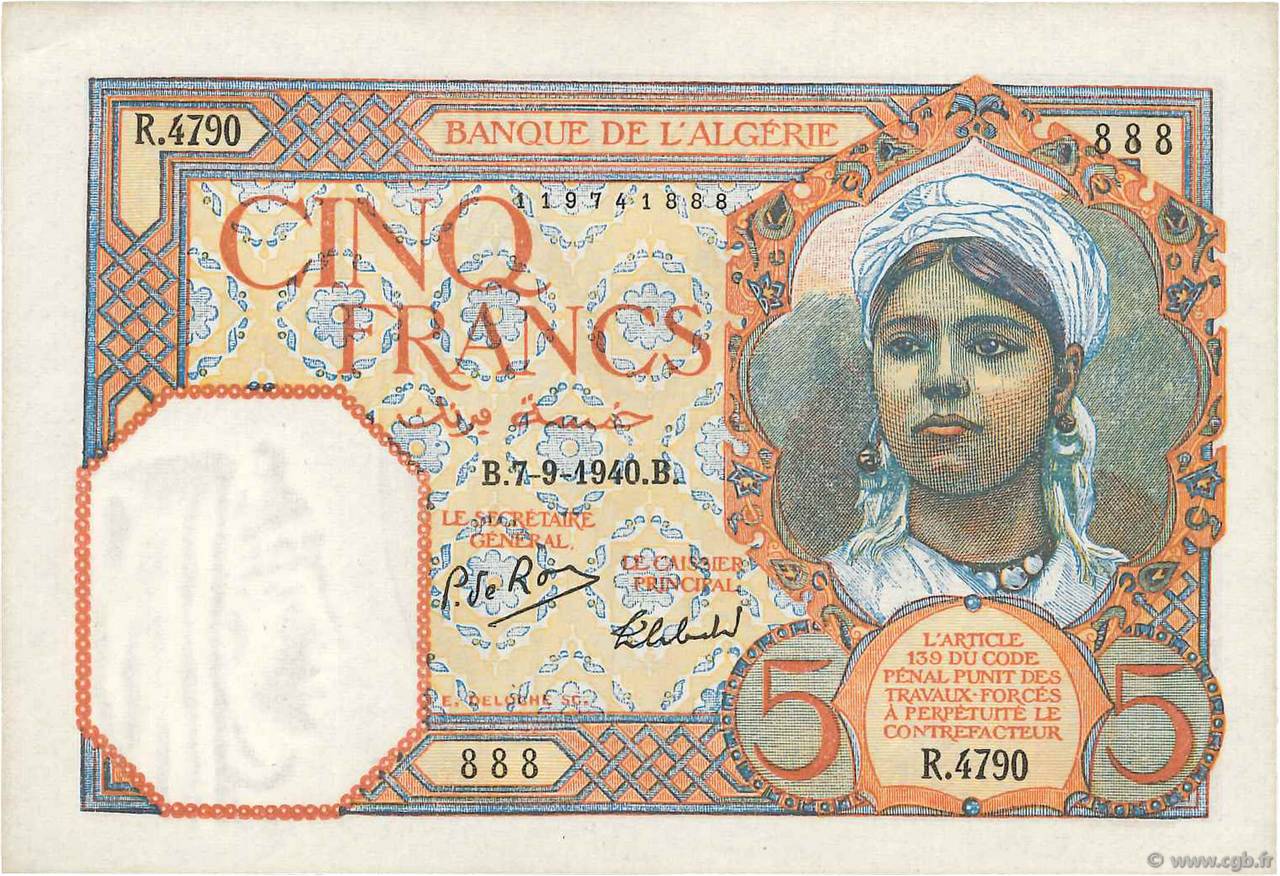 5 Francs ALGERIA  1940 P.077a AU