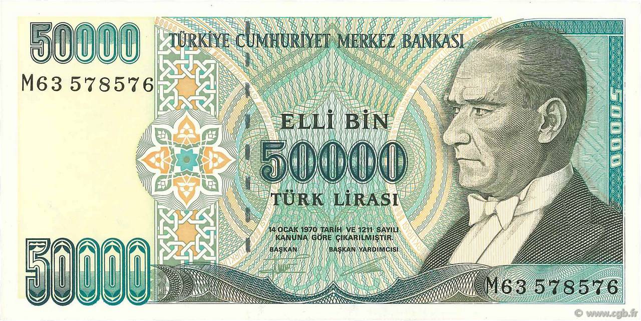 50000 Lira TURKEY  1995 P.204 AU