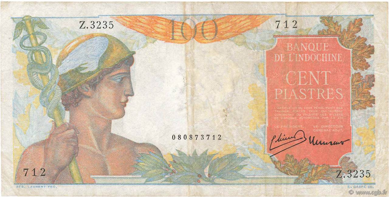 100 Piastres INDOCINA FRANCESE  1947 P.082b BB