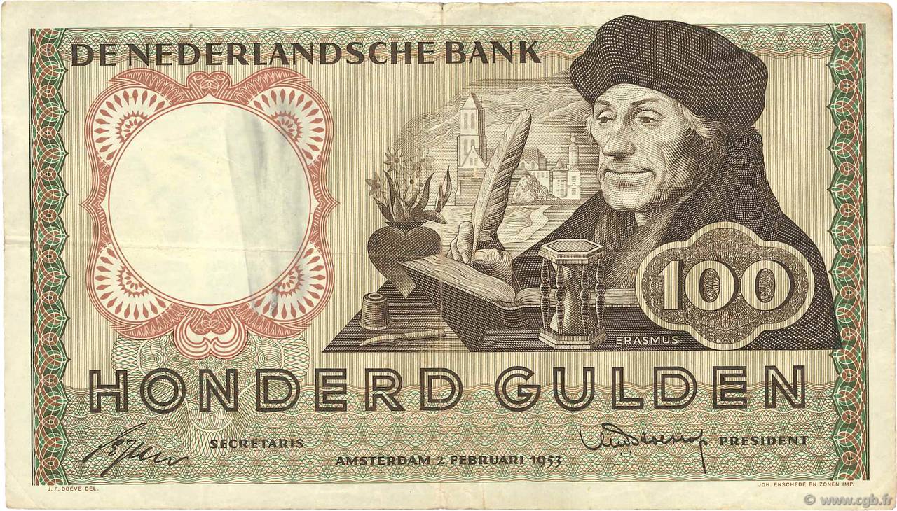 100 Gulden NETHERLANDS  1953 P.088 F+