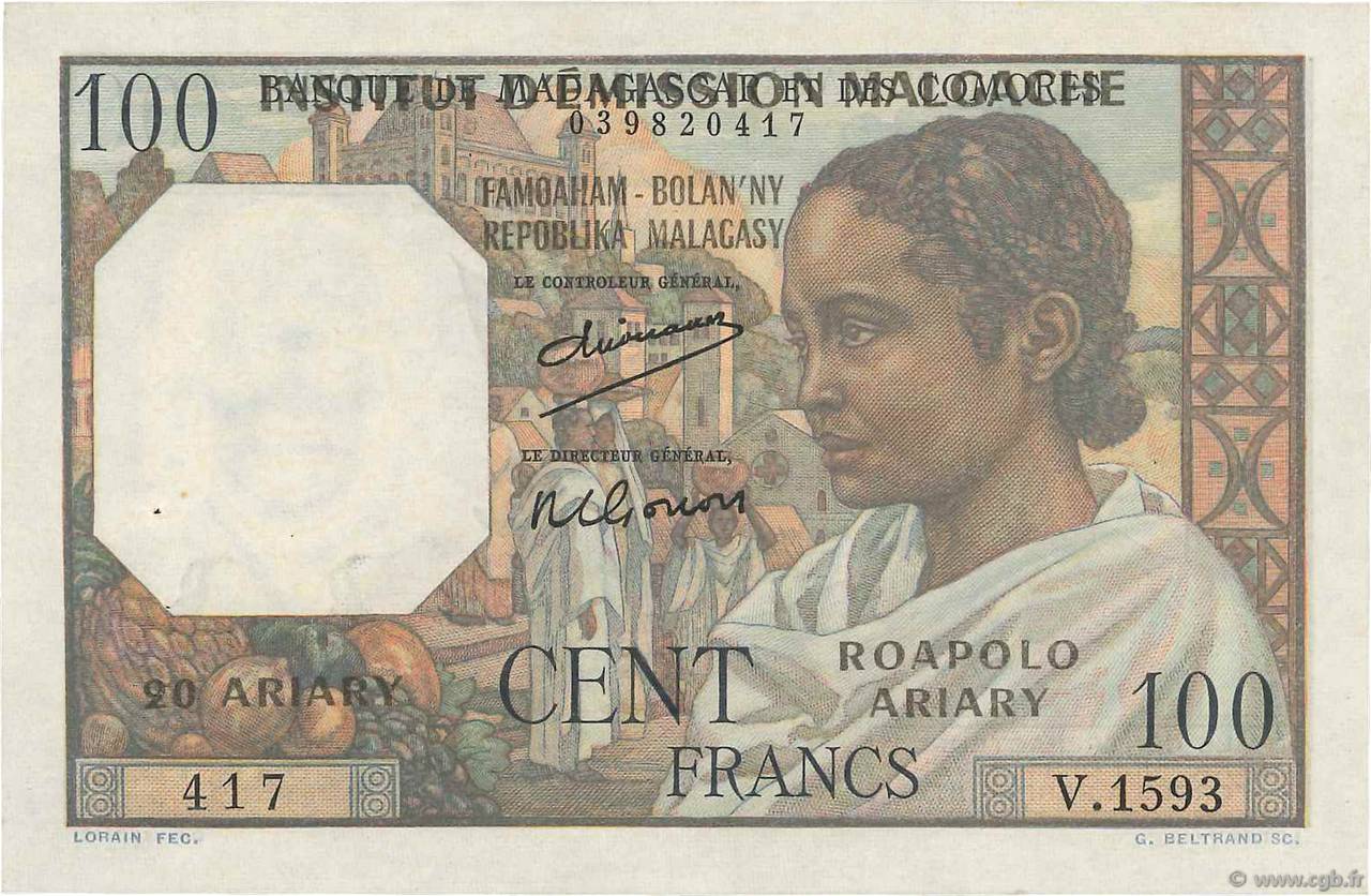 100 Francs - 20 Ariary MADAGASCAR  1961 P.052 EBC