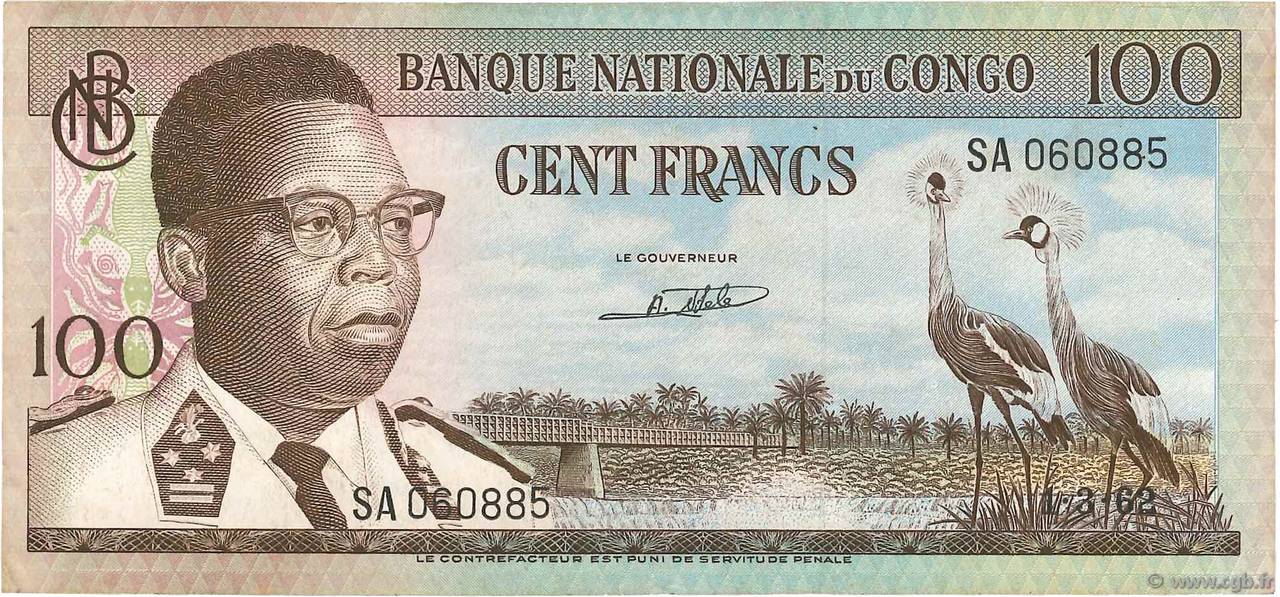 100 Francs REPúBLICA DEMOCRáTICA DEL CONGO  1962 P.006a MBC+