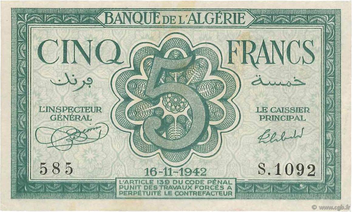 5 Francs ALGERIA  1942 P.091 XF