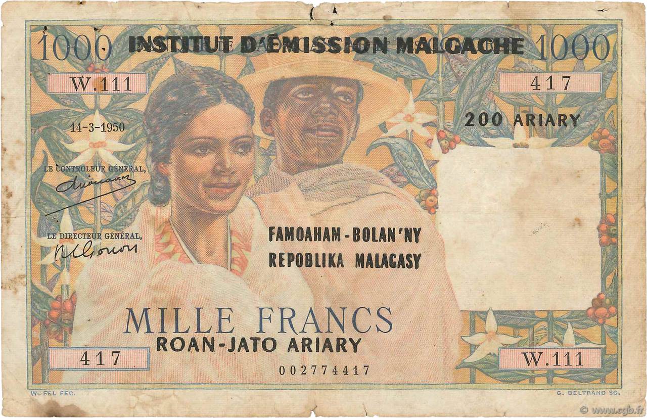 1000 Francs - 200 Ariary MADAGASCAR  1961 P.054 B