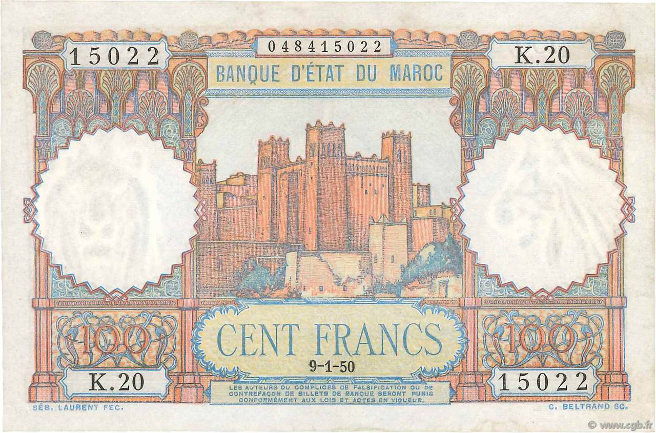 100 Francs MOROCCO  1950 P.45 XF