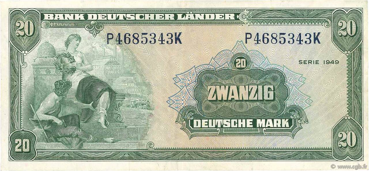 20 Deutsche Mark GERMAN FEDERAL REPUBLIC  1949 P.17a BC+