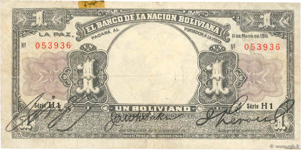 1 Boliviano BOLIVIEN  1911 P.104 S