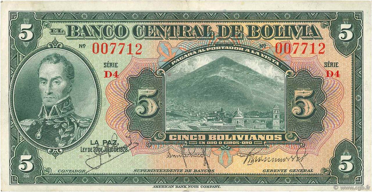 5 Bolivianos BOLIVIA  1928 P.120a SPL