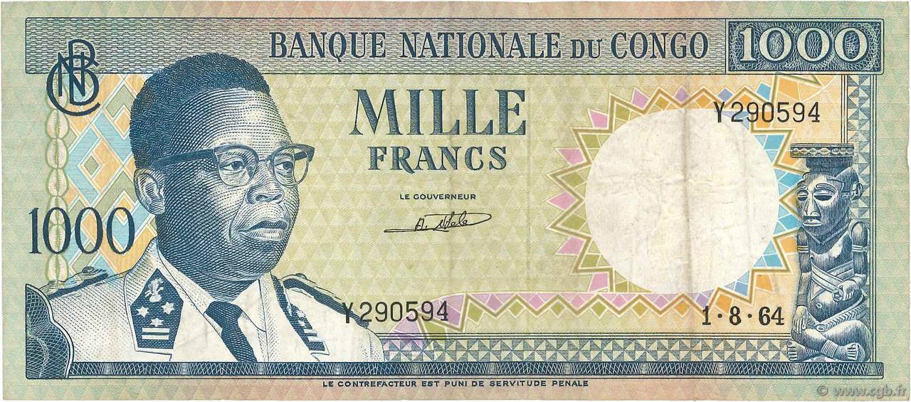 1000 Francs REPUBBLICA DEMOCRATICA DEL CONGO  1964 P.008a MB